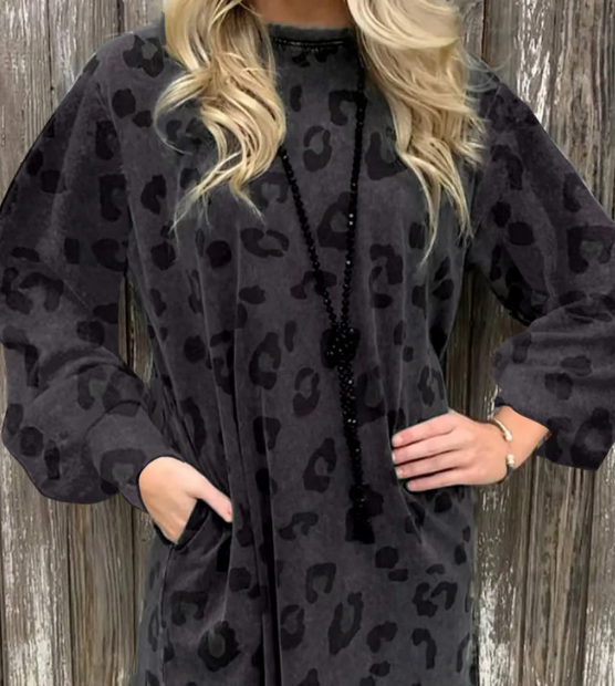 Leopard Long Sleeve Dress with Pockets