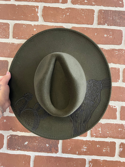 Bull Skull + Cactus Burnt Hat (Olive)