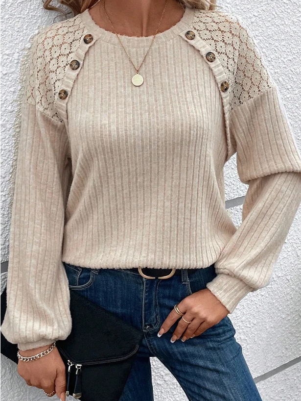 Lace Raglan Sleeve Buttoned Ribbed Top