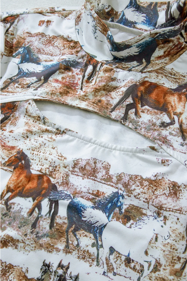 Brown Western Wild Horses Print Hollow-out High Neck Top